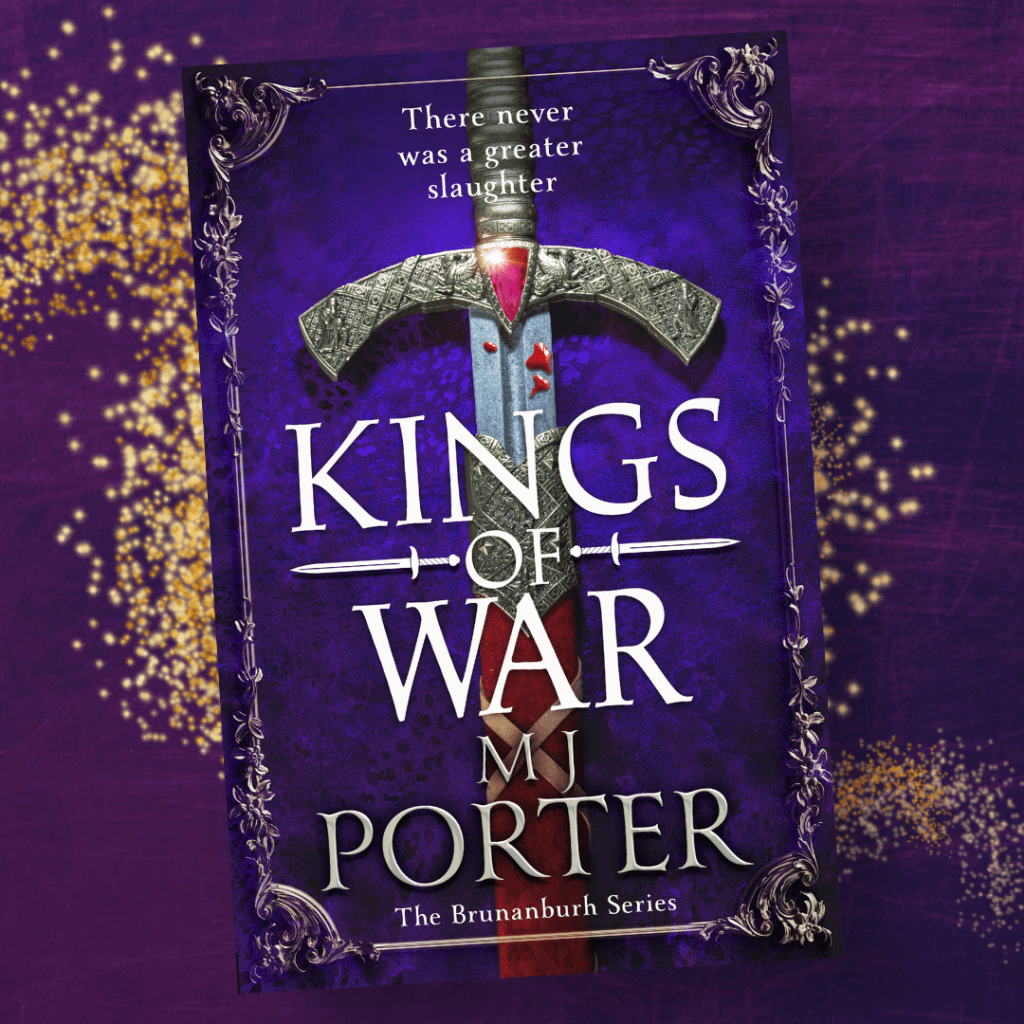 Image showing the cover for Kings of War, Book 2 in the Brunanburh series. A sword on a blue background.