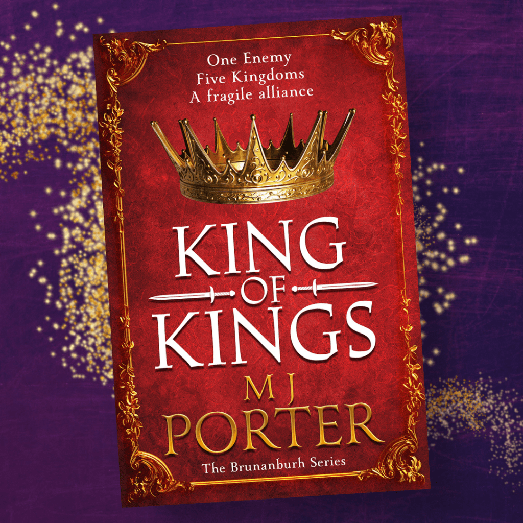 Image of the cover for King of Kings, showing a golden crown on a read background, by author MJ Porter