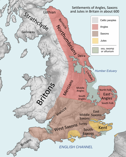 Map showing the settlement of England in about the year 600, showing Mercians, Angles, Saxons and Kent