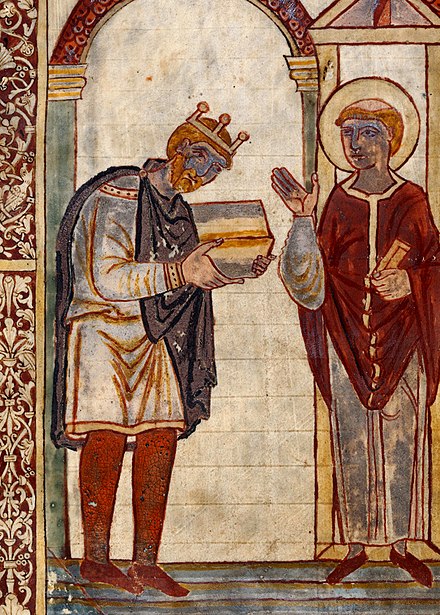 An image of King Athelstan presenting a book to St Cuthbert