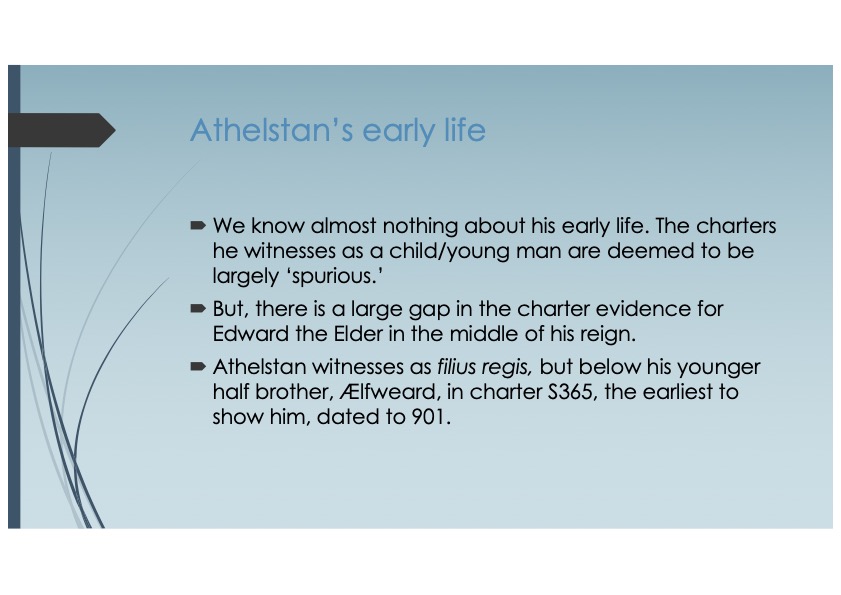 Powerpoint slide showing some quotes about Athelstan's early life. 