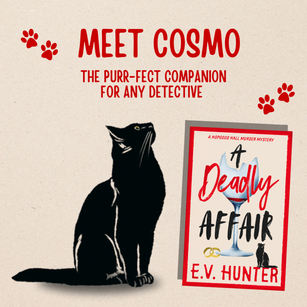 Cover imahe for A Deadly Affair by EV Hunter, with Cosmo, the scene stealing cat, taking centre stage.