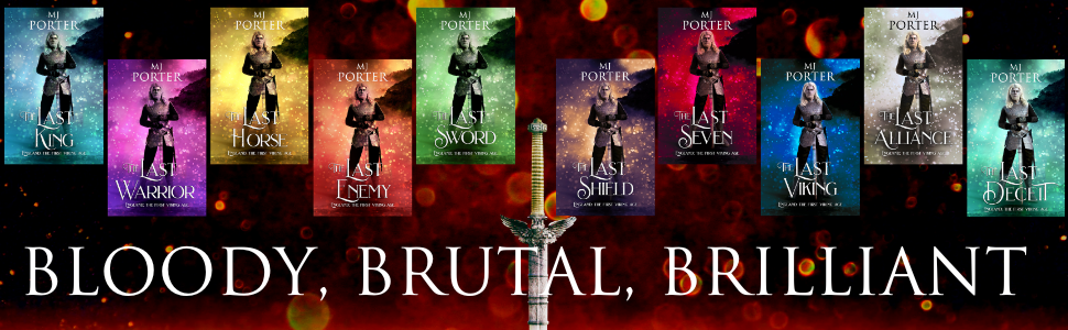 The Mercian Ninth Century book titles in order on a colourd background with a sword between the book covers.