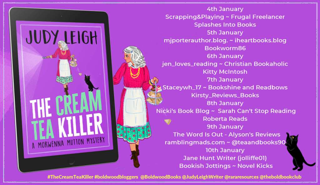 Blog tour banner for The Cream Tea Killer by Judy Leigh listing all the hosts for the blog tour