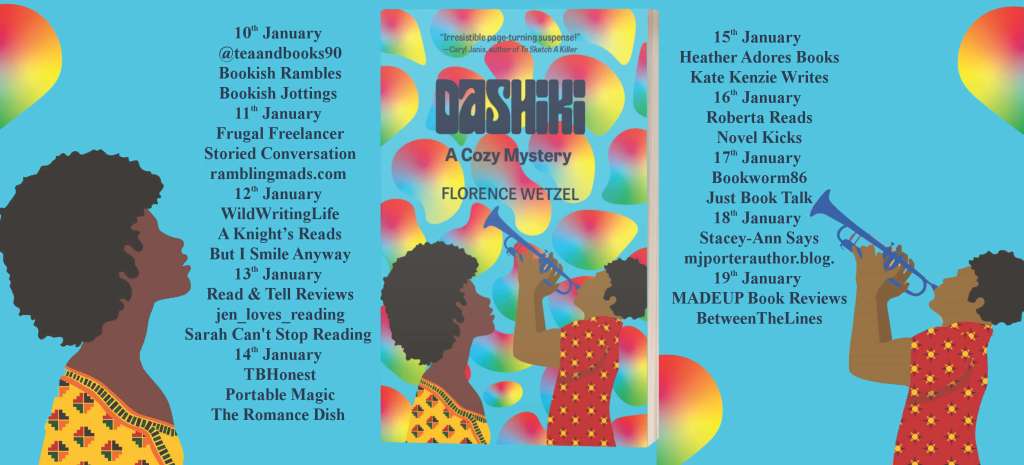 Blog tour banner for Dashiki showing the names of the blog hosts. Blogtour arranged y Rachel's Random Resources