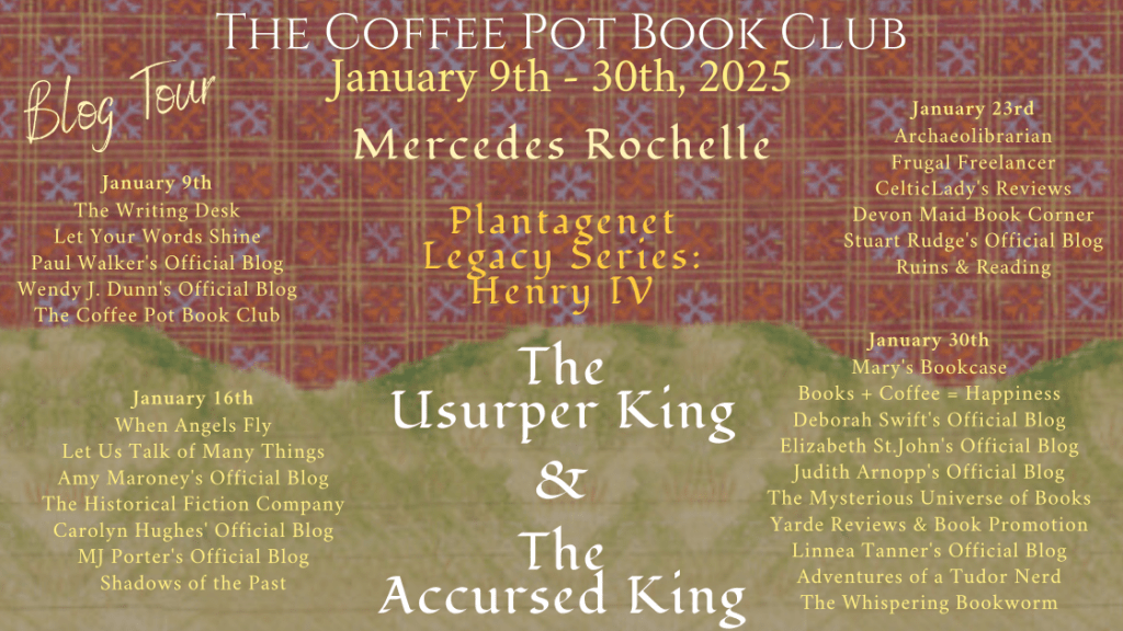 Banner showing the blog hosts for the Plentagenet Legacy Series: Henry Iv written by Mercedes Rochelle and arranged by The Coffee Pot Book Club