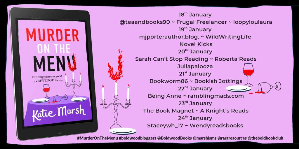 Blog banner forMurder on the Menu by Katie Marsh showing the names of the blog hosts, for the blog tour orgaised by Rachel's Random Resources