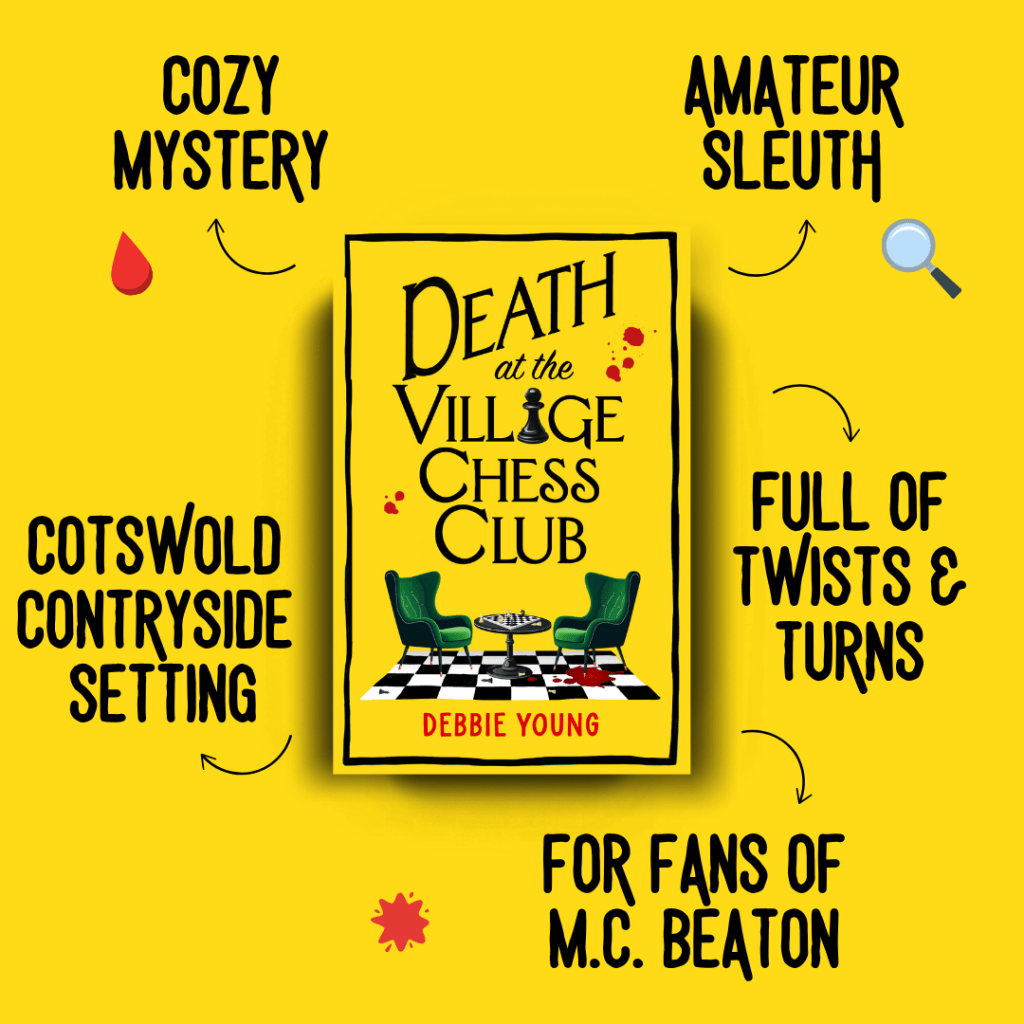 Image shows the cover for Death at the Village Chess Club by Debbie Young on a bright yellow background