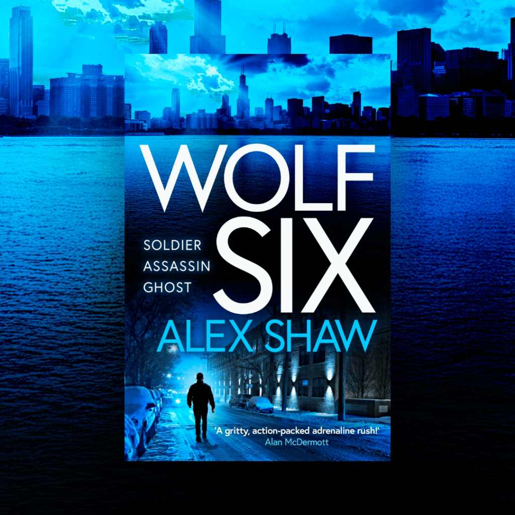Image shows the cover for Wolf Sox by Alex Shaw on a city scape backdrop.
