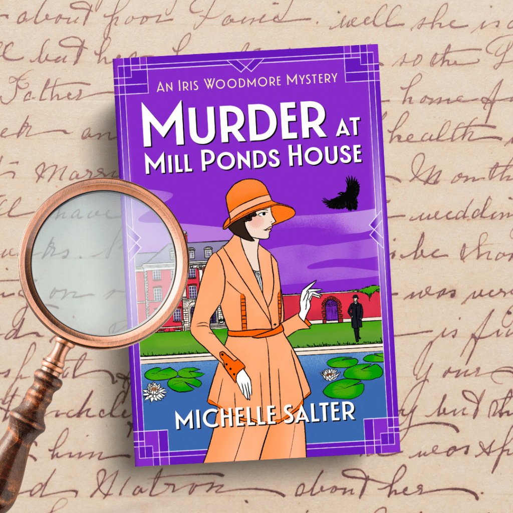 Image shows the cover for Murder at Mill Ponds House by Michelle Salter with a magnifying glass over the book cover with a handwritten note in the background
