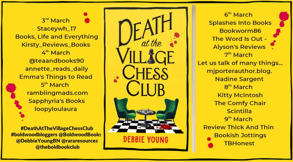 Image shows the list of blog hosts taking part in the Death at the Village Chess Club blog tour organised by Rachel's Random Resources for Boldwood Books