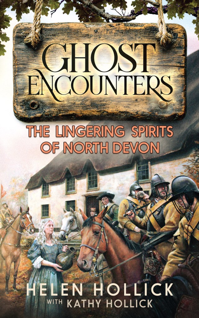 Image shows the cover image for Ghost Encounters by Helen and Kathy Hollick, showing a Cavalier era collection of horsemen and riders, with a woman offering them ale from a jug. In the background is a thatched roofed house.