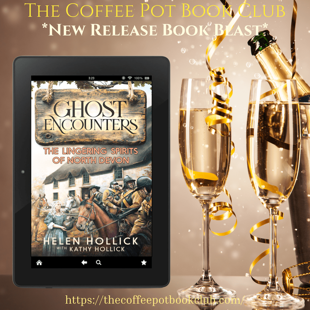 Image shows the cover image for Ghost Encounters by Helen and Kathy Hollick with a bottle of champagne and two flute glasses to the side of it. 