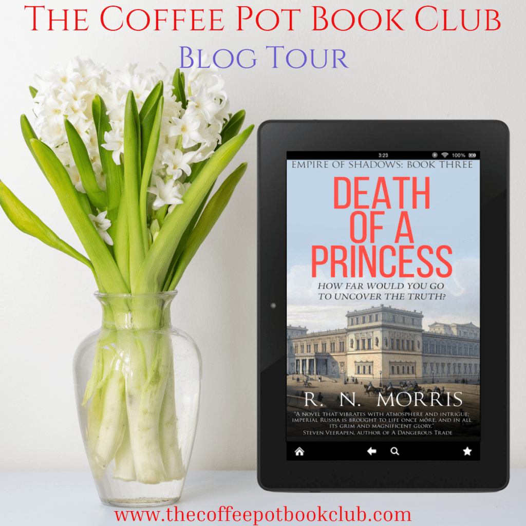 Image shows the cover for Death of a Princess on a pale background with a vase of flowers to the side of it. 