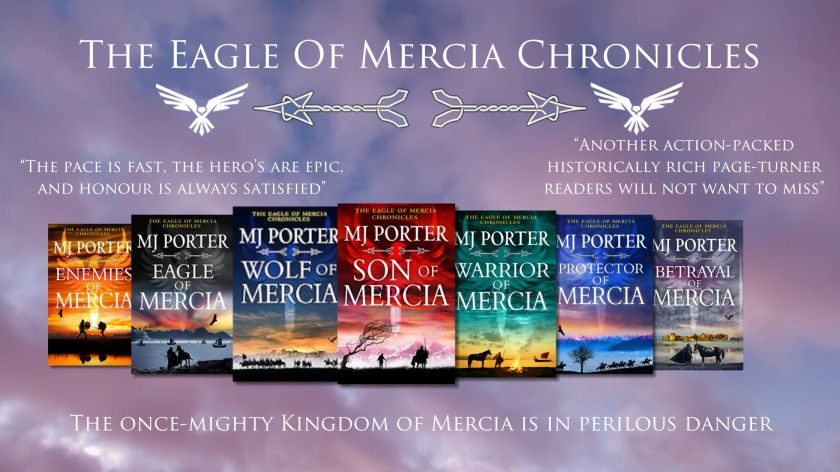 Image shows 7 book covers on a purple background with the words, The Eagle of Mercia Chronicles, written about it and also two quotes about the series. 