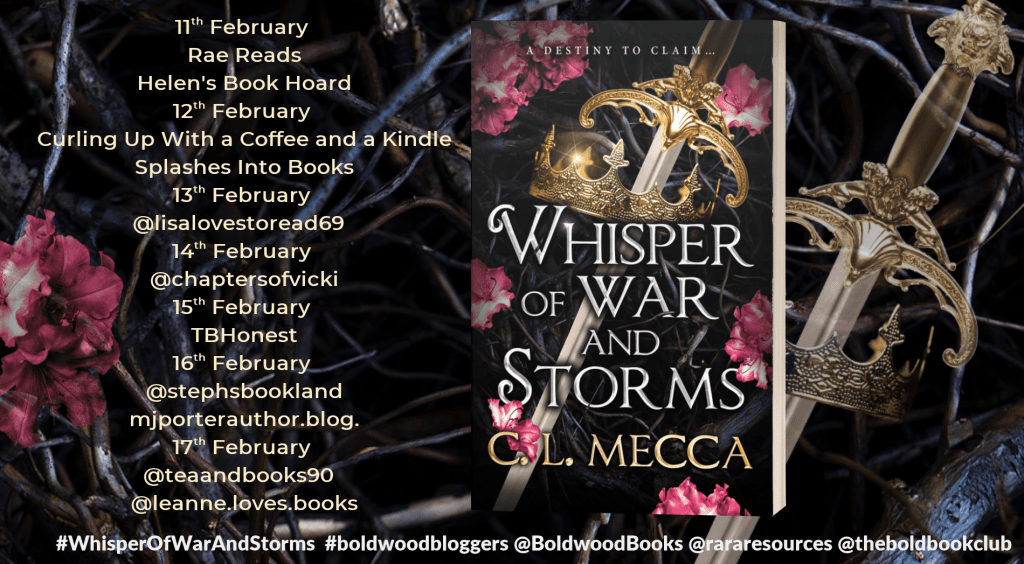 Blog banner for Whisper of War and Storms by CL Mecca