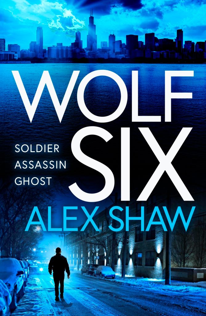 image shows the cover image for Wolf Six by Alex Shaw. This cover is in2 halves. The top shows a city scape image and the bottom shows a man walking away from the cameradown a street. The words Wolf Six are in capitals and are enlarged over the two images.