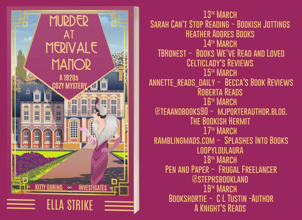 Image shows the list of blog hosts for the Murder at Merivale Manor blog tour organised by Rachel's Random Resources
