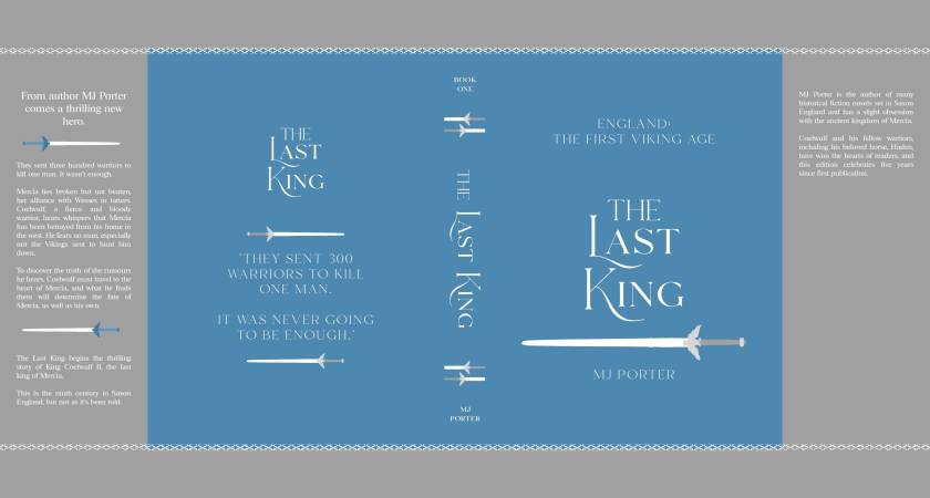 Image shows a pale blue and grey cover with the words The Last King and a stylised sword on the cover image.