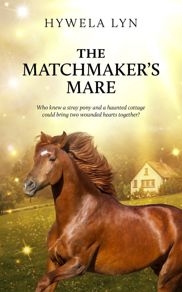 Book cover image for The Matchmaker's Mare by Hywela Lyn showing a chestnut horse galloping towards the reader with a small cottage in the background and shimmering yellow lights.