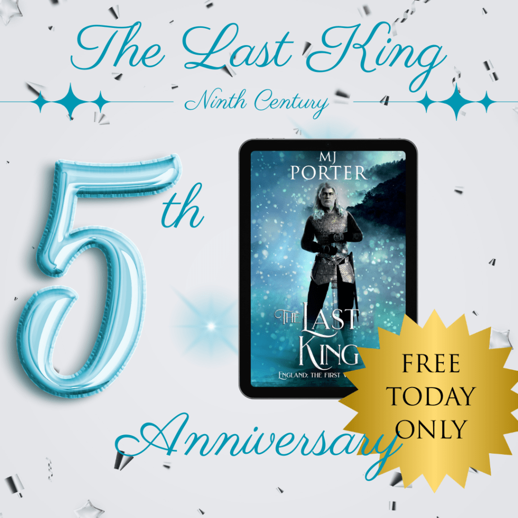 Image shows the cover for The Last King (a warrior holding a sword), with a large 5 shaped birthday balloon beside it with the words, free today only.