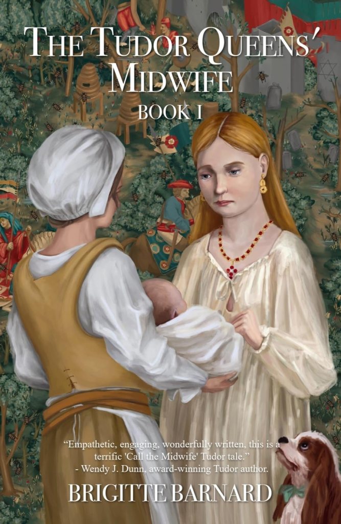 Image shows the cover for The Tudor Queens' Midwife by Brigitte Barnard
