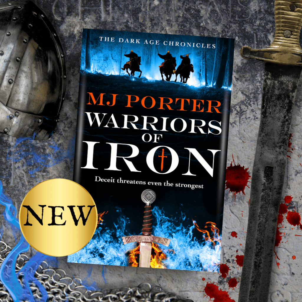 Image shows the book cover for Warriors of Iron by author MJ Porter. The cover shows three mounted warriors and also a sword, all with a blue fiery background. The tag line is 'deceit threatens even the strongest.'