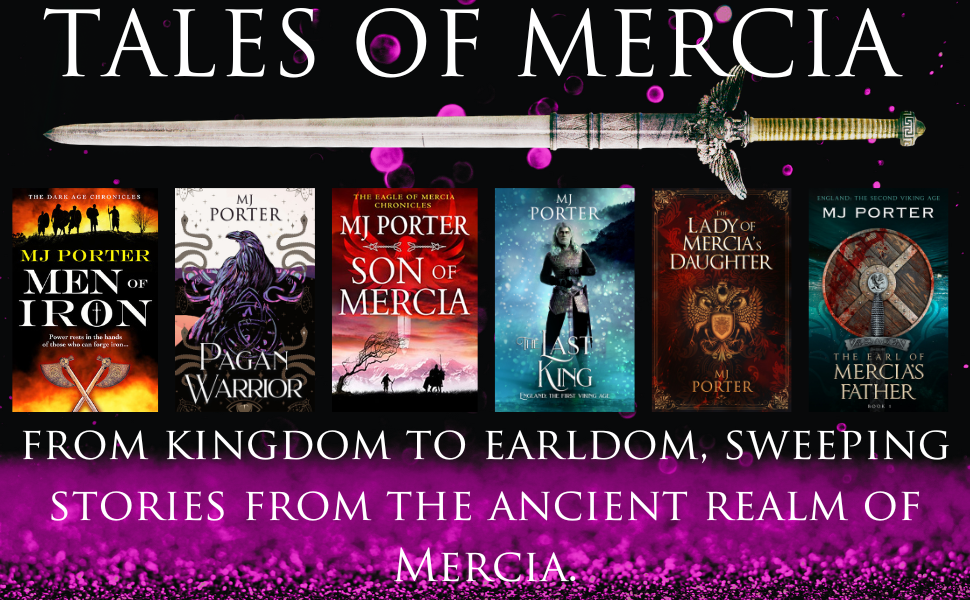 Image shows the 6 book cover titles in the Tales of Mercia series of interconnected tales by historical fiction author MJ Porter