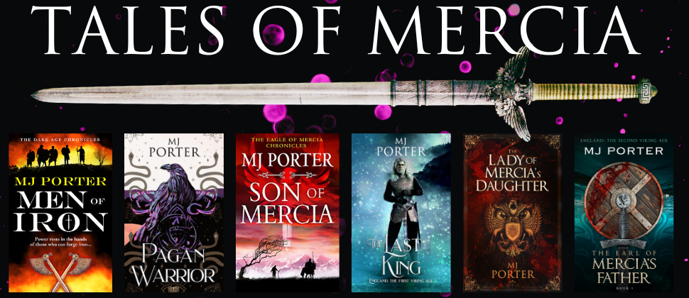 Image shows the 6 book cover titles in the Tales of Mercia series of interconnected tales by historical fiction author MJ Porter