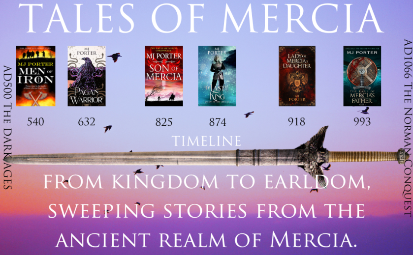 Timeline of MJ Porter's Tales of Mercia series, starting with the Dark Age Chronicles and ending with The Earl of Mercia's Father