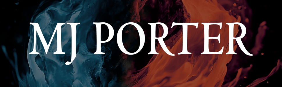 Logo design featuring the name 'MJ PORTER' against a background of swirling blue and orange colors.