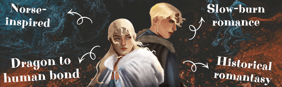 Illustration featuring two characters with Norse-inspired themes, highlighting elements of a slow-burn romance, a dragon-to-human bond, and historical romance fantasy.