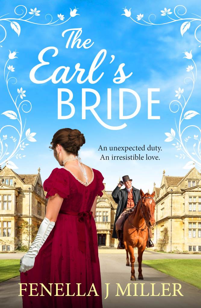 The book cover for The Earl's Bride. A lady in a red dress has her back to the audience, while a hated man rides towards her. A fine country house forms the background.