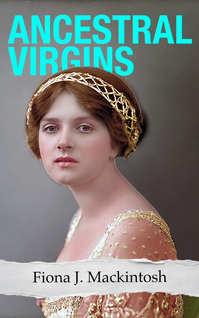 Book cover of 'Ancestral Virgins' by Fiona J. Mackintosh featuring a portrait of a young woman with long hair and ornate attire.