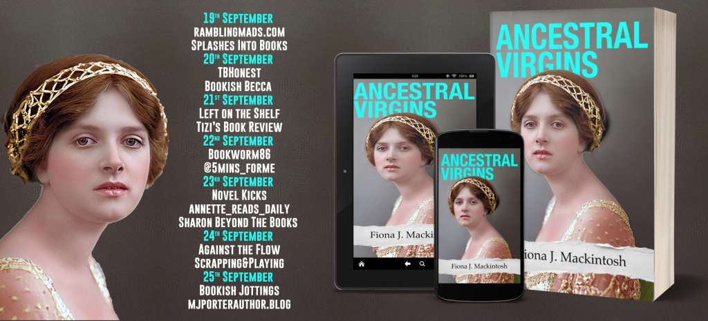 Promotional graphic for the book 'Ancestral Virgins' by Fiona J. Mackintosh, featuring a woman in period attire, with publication dates listed for various book reviews from September 19th to 25th.