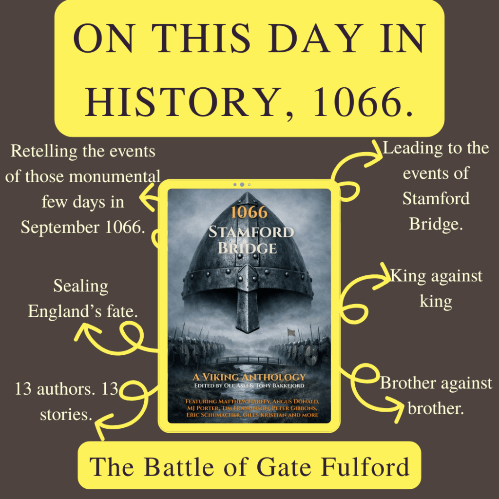 An infographic titled 'On This Day in History, 1066' discussing the events leading up to the Battle of Stamford Bridge, featuring a central image of a Viking helmet and mentioning 13 authors and stories related to the events.