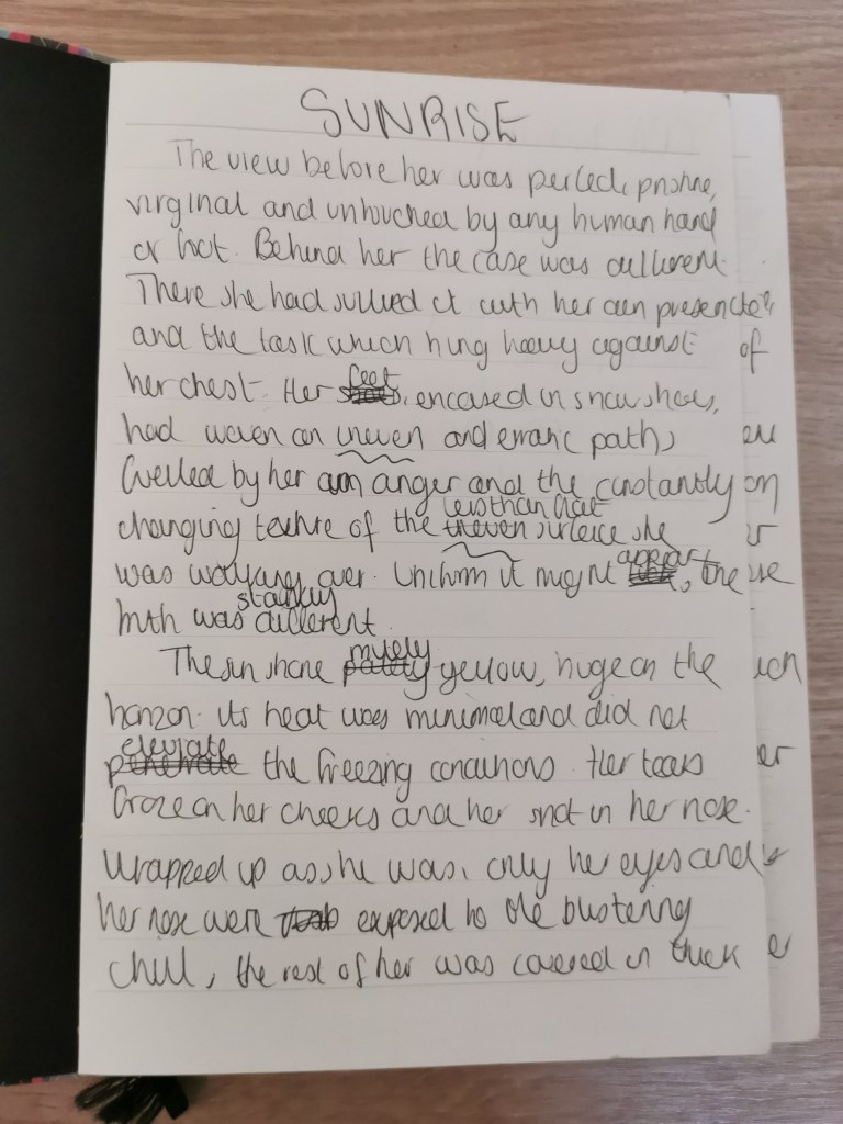 A handwritten notebook showing the first page of what would become Dragonbound by MJ  Porter