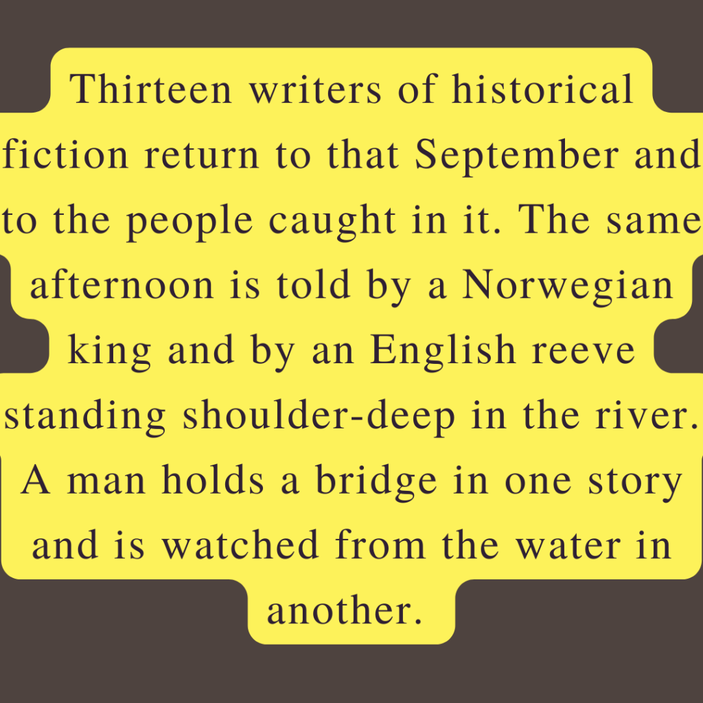 Text from a creative writing piece discussing historical fiction, featuring themes of storytelling between characters like a Norwegian king and an English reeve.