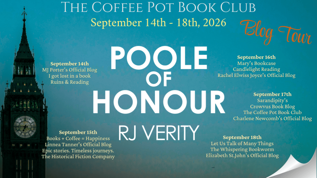 Promotional banner for The Coffee Pot Book Club Blog Tour scheduled from September 14th to 18th, 2026, featuring the book 'Poole of Honour' by RJ Verity, with specific dates and participating blogs listed.