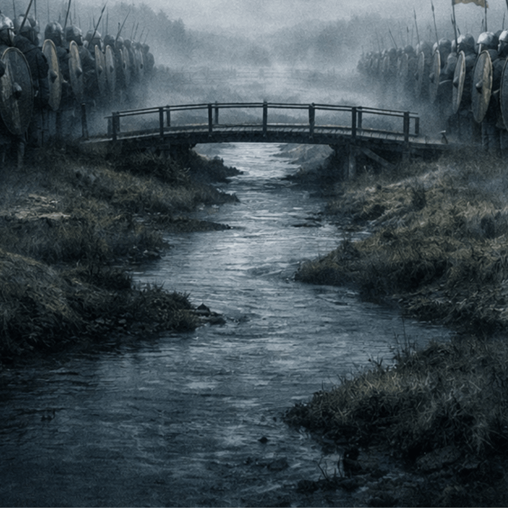 The image shows a close-up of the cover for the Stamford Bridge Anthology, focusing on the bridge and the river dividing the two armies.