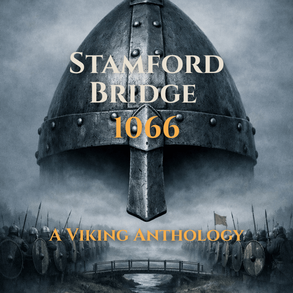 Image shows a close up of the Stamford Bridge Anthology focusing on a helmet like the ones worn in the battle, with a nose guard and no horns.