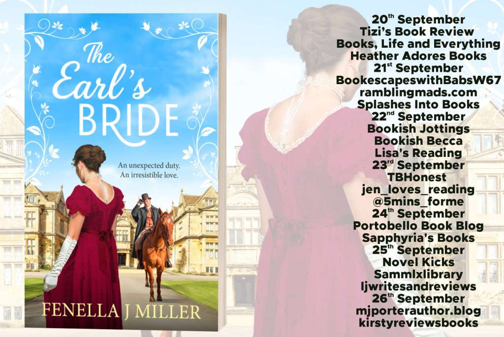 Cover image of the book 'The Earl's Bride' by Fenella J Miller, featuring a woman in a red dress and a man in formal attire on horseback, set against a picturesque, historical backdrop.